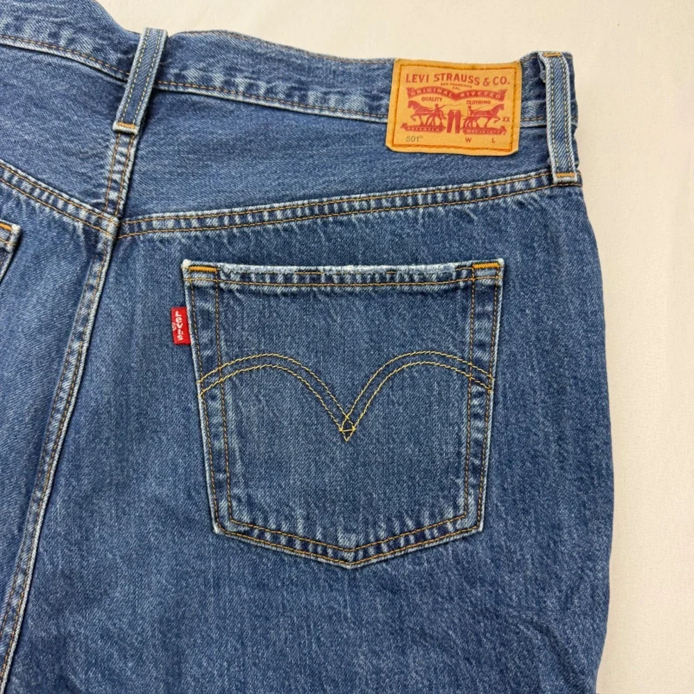 Levi's 501 Original Cut Off Shorts Women Size 33 Blue Distressed Denim High Rise